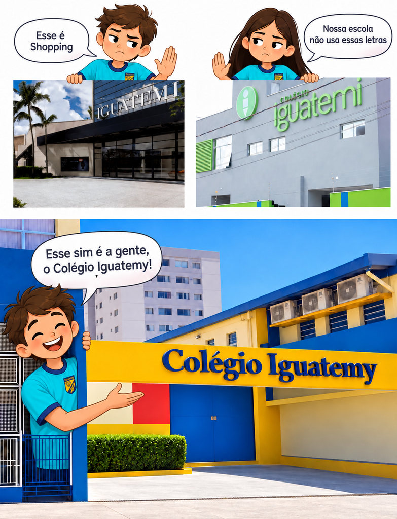 Ilustração que diferencia o Colégio Iguatemy, escrito com Y, de outras marcas e instituições com nomes semelhantes.